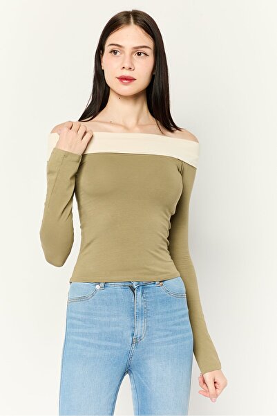 Don't Call Me Jennyfer Women Off Shoulder Long Sleeves Plain Top, Olive