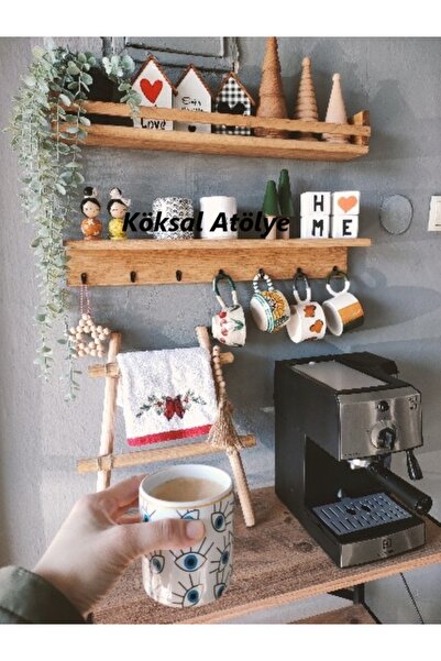 Köksal atölye 60 cm Kahve Köşesi 2 li Raf Set Terek Askılık(7 ADET FİNCAN ASK...