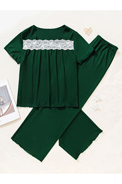 Take Two By Styli Green Lace Insert Short Sleeve Top and Pyjama Set