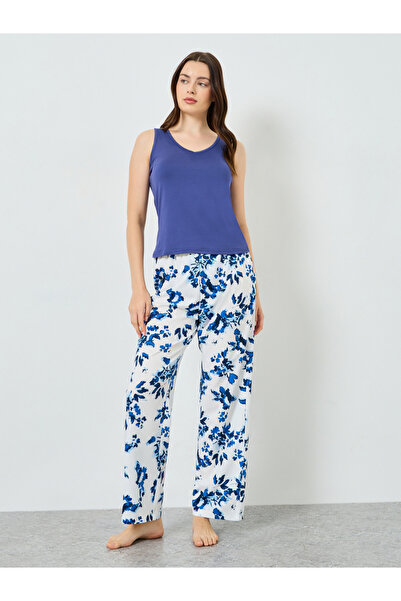 Styli Blue Sleeveless Top and Floral Printed Pyjama Set