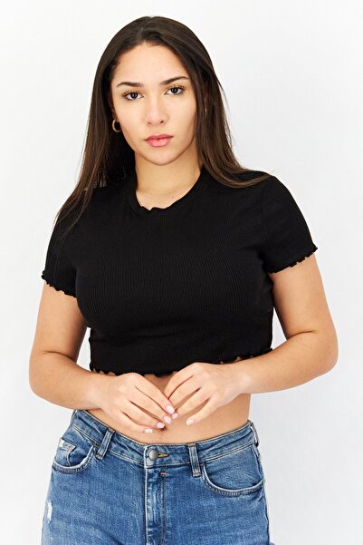 Don't Call Me Jennyfer Women Round Neck Short Sleeve Ribbed Crop Top, Black