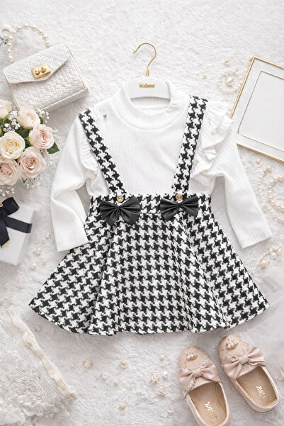 DUBAİ ÇOCUK Kız Bebek Salopet Elbise Takım Ayıcık Detaylı Kazayağı Desenli Ji...