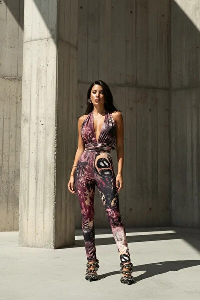 Afitapbutikmoda Boyundan Baglamalı Sırt Dekolteli Digital Baskı Micro Tulum