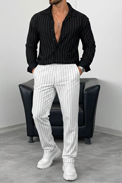 tetramoda طقم قميص وبنطلون مخطط من قماش الكريب الليكرا للرجال