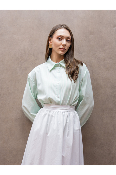 KÜÇÜĞÜM BUTİK Green Striped Collared Poplin Shirt