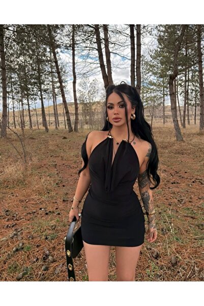 b buhari bykoc Gold Pendant Detailed Backless Halter Neck Mini Dress