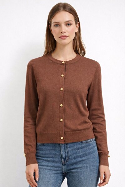 CGA Women's Knitwear Cardigan Sweater Crew Neck Front with Gold Buttons Sleev...