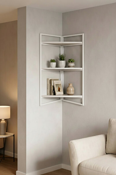 Euromob Köşe Duvar Rafı, 3 Katlı , Beyaz Metal, Modern Dekoratif Duvara Monte...