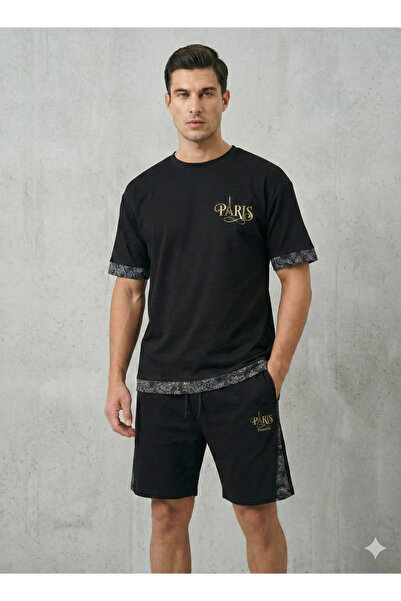 NİCE Men's Black T-Shirt Black Shorts Set Paris Gold Printed Shawl Pattern De...