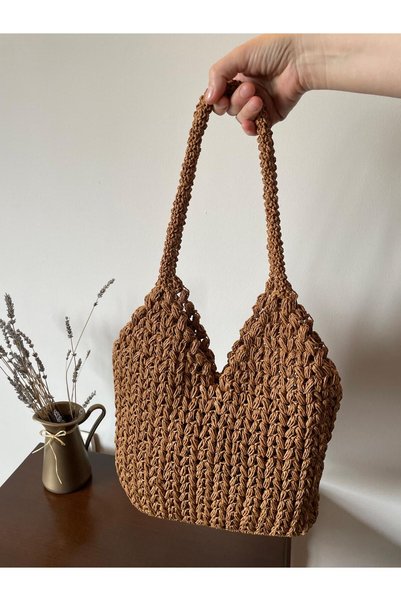 ELİŞİ MODA Handmade Paper String Knitted Bag, Daily Shoulder Bag with Strap, Unlined, with Snap Fasteners, Gift Bag