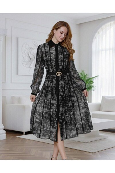 alqarat Aria Floral-Stripe Chiffon Midi Dress