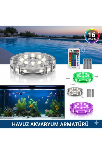 ASAFRİ RGB Havuz ve Akvaryum Armatürü Uzaktan Kumandalı Su Geçirmez Pilli