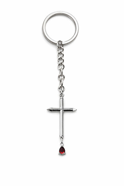 HER ŞEY NOTA www.herseynota.com Minimal Cross Keychain with Red Drop Stone De...