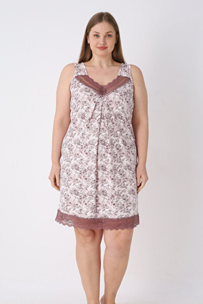 İntensive Women's Plus Size Patterned Lycra V-Neck Lace Strap Nightgown