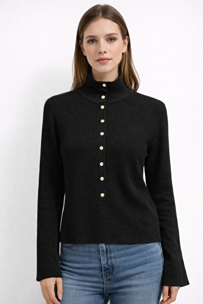 CGA Women's black knit sweater with stand collar and gold snap detail