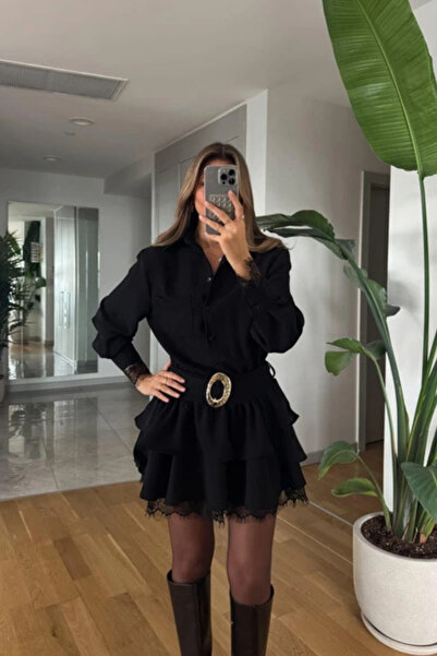 MOZENA Mini Shirt Dress with Lace Detail and Belted Skirt