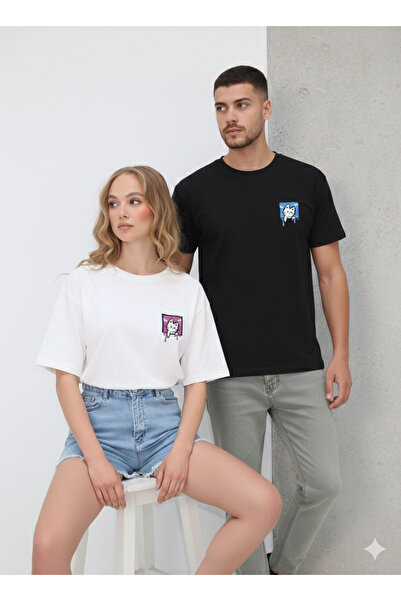 NİCE Dear Kombini T-Shirt Set of 2 White Black Cat Printed Summer Unisex Cotton