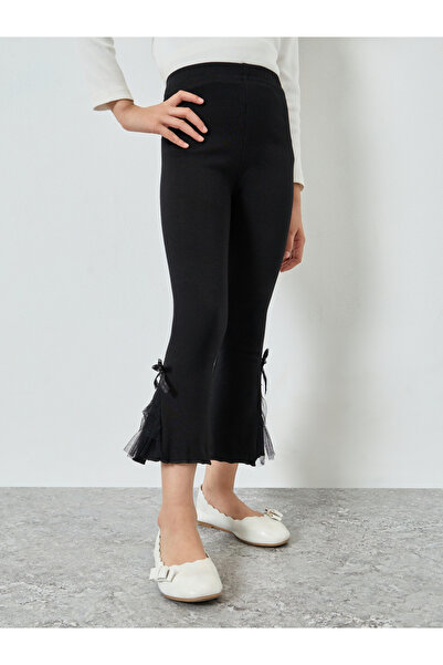 Styli Girls Black Cotton Knit Leggings with Mesh Detail