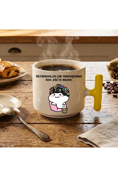 Finka Dekor كوب سيراميك مطبوع عليه عبارة Kem Eye And Evil Eye باللون الأصفر ه...