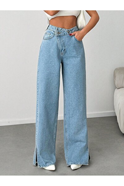 Noxter Women's Asymmetrical Cut Side Slit High Waist Jean Trousers