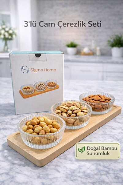 Yula 3 'lü Bambu Altlı Cam Çerezlik 10 Cm
