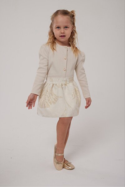 noliva bebek ve çocuk Kız Çocuk Ekru Gold İşlemeli Bayramlık Elbise – Özel Gü...