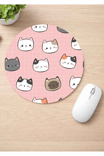 Eylül Design Cute Cats Printed Round Non-Slip Mousepad Ergonomic Mouse Pad