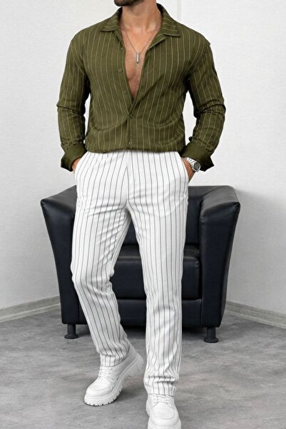 tetramoda Men's Lycra Crepe Fabric Striped Shirt and Trousers Set