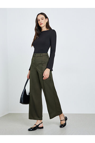 Take Two By Styli Khaki Wide Leg Trousers with Pintuck Detail