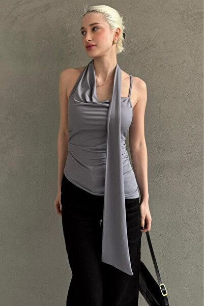 Madmext Gray Degaje Collar Scarf Stylish Women's Blouse Mg2650