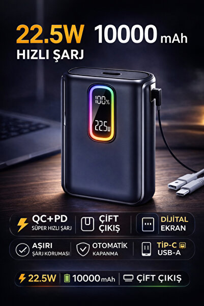HEARTZ 10000 mAh 22.5W Hızlı Şarj Powerbank Kablosuz Şarj PD QC Type-C Taşına...