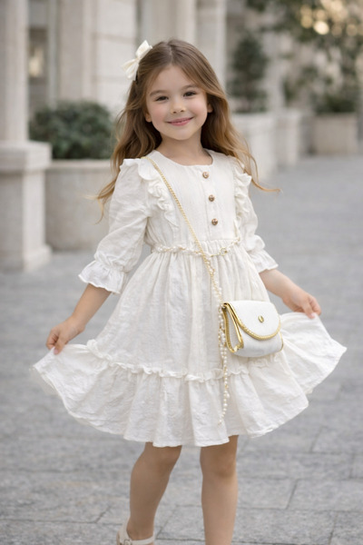 DUBAİ ÇOCUK Girl's Festive White Dress with Bag and Lace Bow, Stylish Collect...