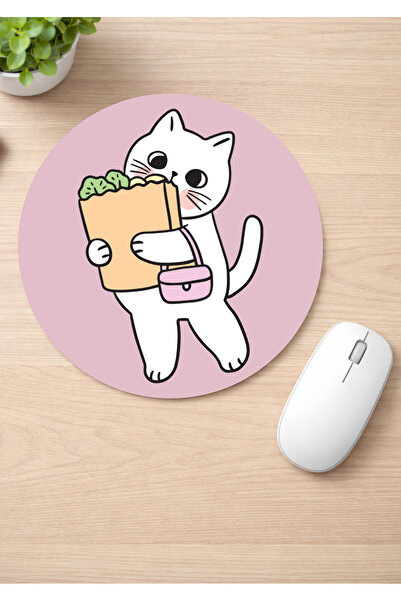Eylül Design Cute Cat Printed Round Non-Slip Mousepad Ergonomic Mouse Pad