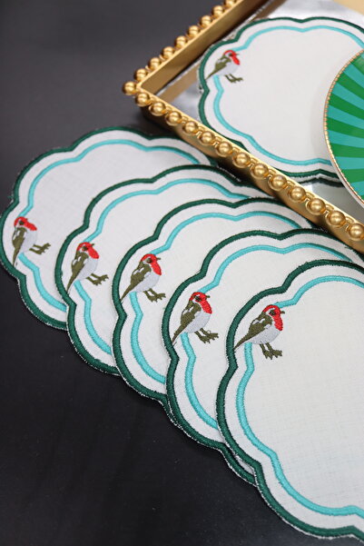 vipceyiz 6 Pieces Love Birds Linen Fabric Green Embroidered Coffee Side Cockt...