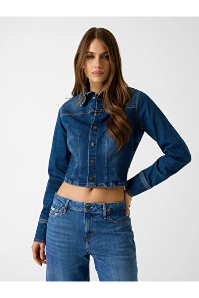 Guess Gj Long Sleeve Slim Fit Short Jacket Shirt Women's Navy Blue Jacket W6R...