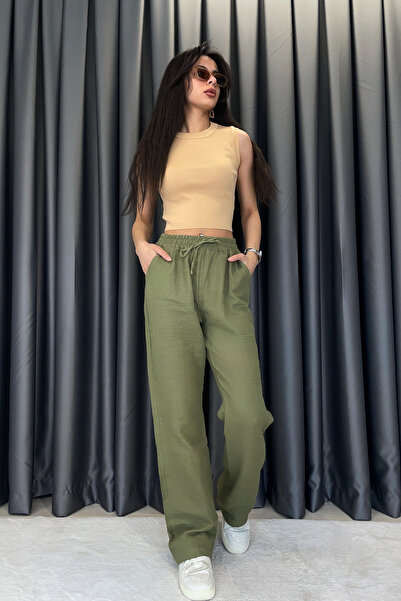 LEVURE بنطلون من الموسلين بخصر مطاطي - كاكي