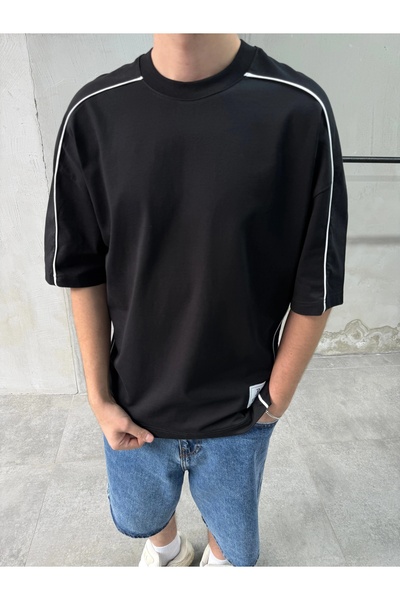 DIFRANSEL JEANS Men's Striped Detailed Crew Neck Oversize T-Shirt