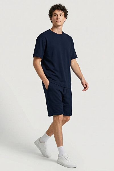 TOMMY LIFE Navy Blue Oversize Fit Soft Textured Basic Men's Shorts Set - 85274