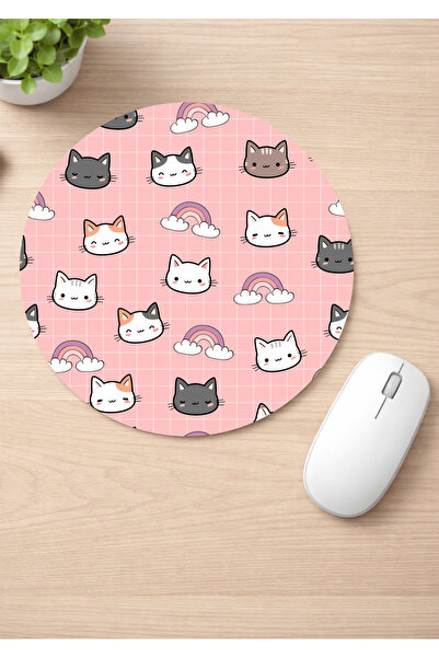 Eylül Design Cute Cats Printed Round Non-Slip Mousepad Ergonomic Mouse Pad