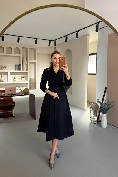 Sezgi Tekin Buttoned Asymmetrical Cut Black Stretch Fabric Denim Dress