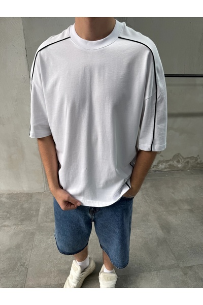 DIFRANSEL JEANS Men's Striped Detailed Crew Neck Oversize T-Shirt