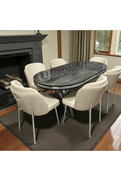 MSY HOME 4 Kişilik Aura Krom Serisi İroni Lake Oval Yemek Masası ve Puffy Kre...