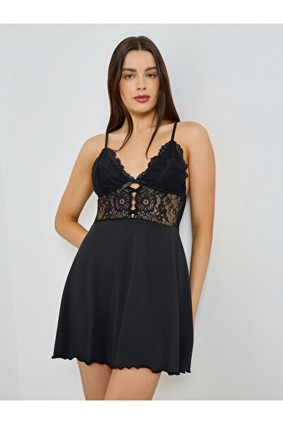 Styli Lettuce Hem Lace Babydoll with Bow Detail