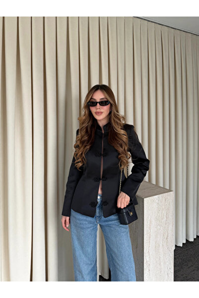 Laluvia Black Design Buttoned Shiny Fabric Military Jacket - 1411