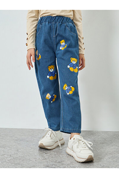 Styli Girls Teddy Pear Graphic Print Cotton Jeans