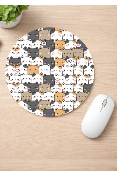 Eylül Design Cute Cats Printed Round Non-Slip Mousepad Ergonomic Mouse Pad