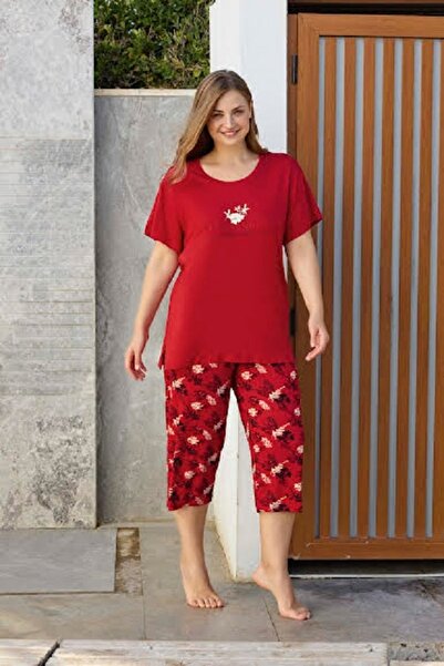 Aydoğan Women's Red 100% Viscose Floral Patterned Capri Pajama Set