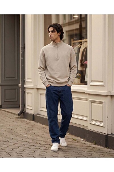 REDTAG Men Pale Grey Half Zip Turtle Neck Sweatshirt