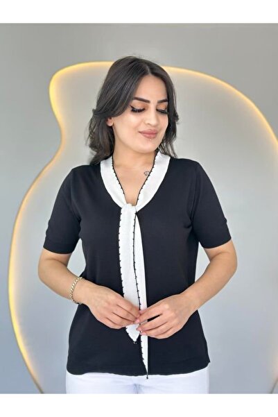 civetta Women's Short Sleeve V-Neck Scarf Detail Mercerized Knitwear Blouse