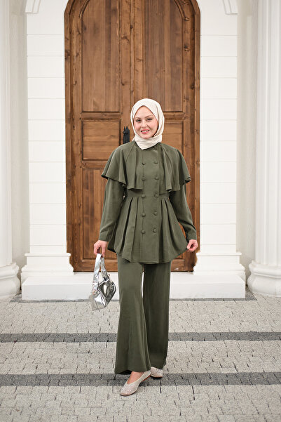 LOCCO Kadın Düğme Detay Pelerinli Pantolonlu Takım Yeşil